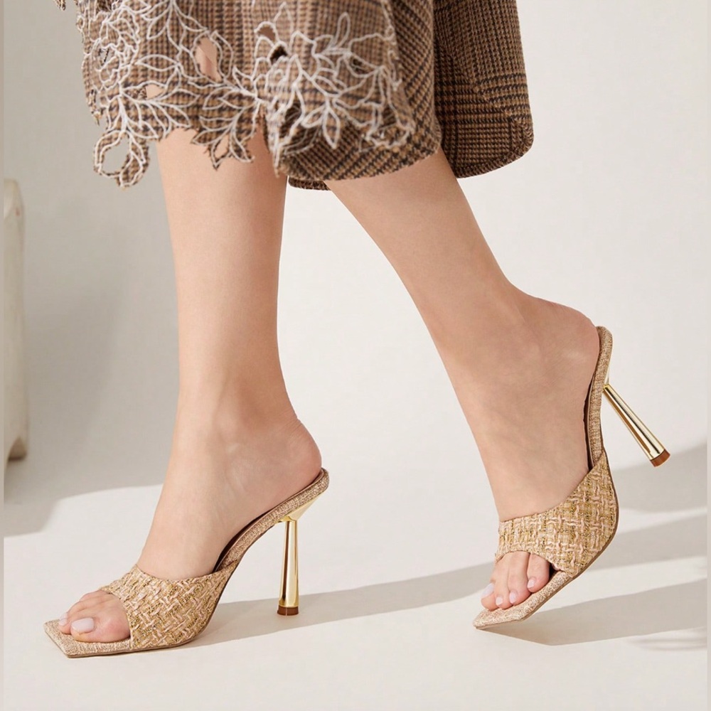🆕 Square Toe Tweed / Linen Mule Sandals - Picture 6 of 9